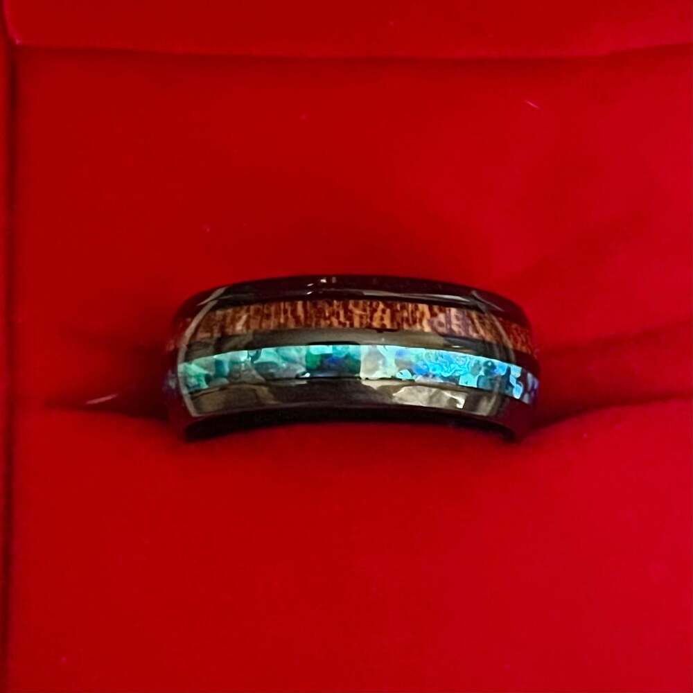 Tungsten Koa Wood Blue Opal Inlay 6mm Polished Finish Band Size 11